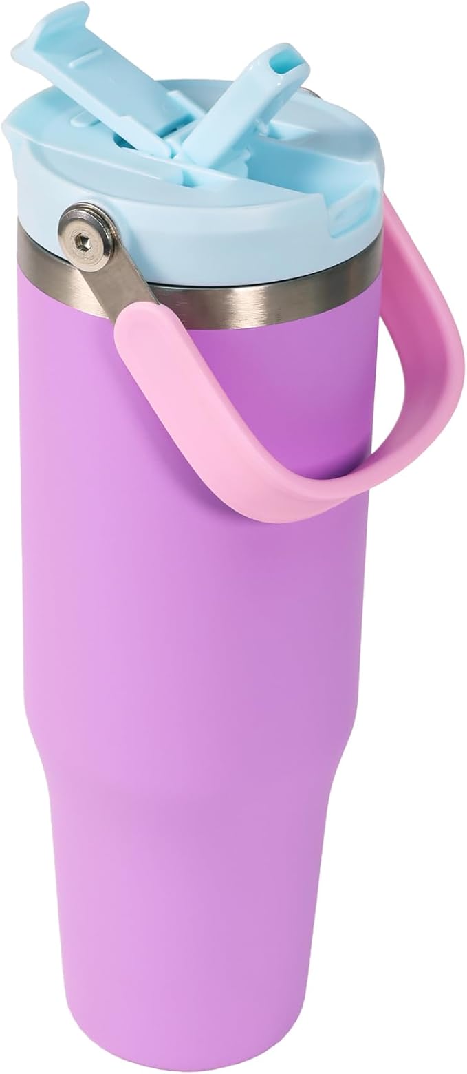 Insulated Stainless Steel Bottle with 2-in-1 Straw and Spout Lid Water Bottle Keep Cold 24H, Leak-Proof, Fits in Car Cup Holder, Travel, and School（Purple）