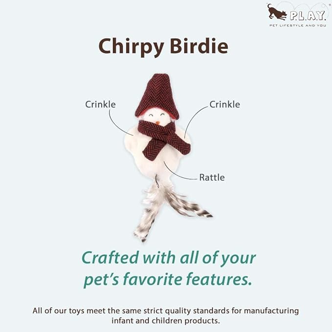 P.L.A.Y. Cute Cat Toys - Holiday & Christmas Themed Organic Catnip Filled Toy, Great for Adult Cats and Kittens - Machine Washable, Recycled Materials, Rattles, Crinkles, Feathers (Chirpy Birdie)