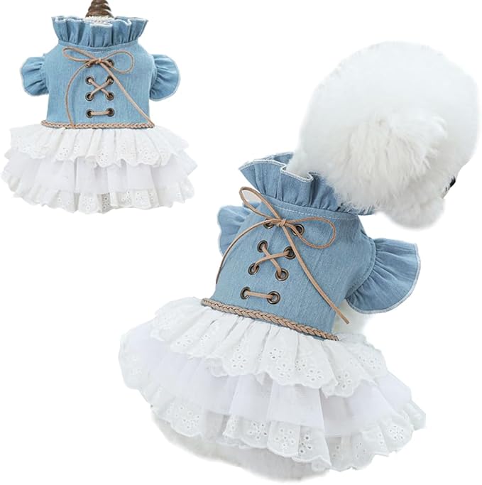 Girl Dog Denim Dress with Flared Sleeves Dog Jeans Jacket Blue White Puppy Clothes for Small Dogs Cat Apparel Cake Skirt Pet Outfit (Blue, Medium)