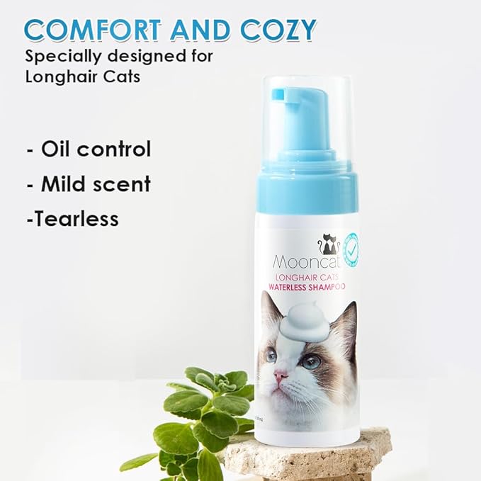 Mooncat Complete Cat Skin & Coat Care Bundle – Waterless Cat Shampoo (5oz) + Cat Acne Chin Treatment Lotion (150ml) | Licking Safe, Detangling Foam Bath for Longhair Cats, No-Rinse, Paraben-Free, pH B
