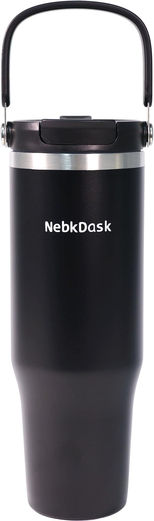 Insulated Stainless Steel Bottle with 2-in-1 Straw and Spout Lid Water Bottle Keep Cold 24H, Leak-Proof, Fits in Car Cup Holder, Travel, and School （Black）