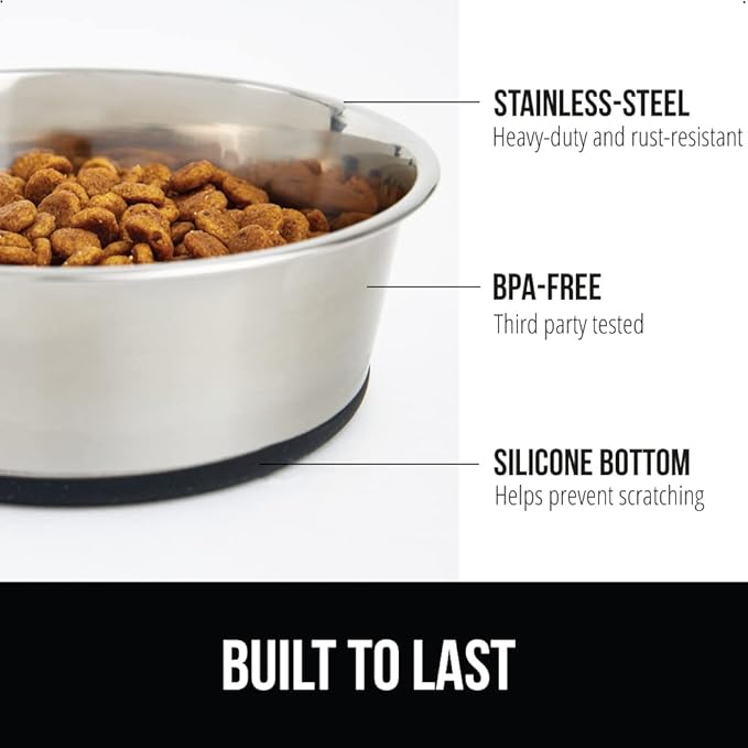 GORILLA GRIP Set of 2 Dog Bowls, Holds 6 Cups (48 fl oz), Heavy Duty Metal Food and Water Bowl for Feeding Dogs and Cats, Dishwasher Safe, Rust Resistant Stainless Steel, BPA Free Rubber Base, Black