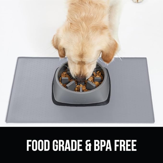 GORILLA GRIP 100% Waterproof Raised Edge BPA Free Silicone Pet Feeding Mat, Dog Cat Food Mats Contain Spills Protects Floors, Placemats for Cats, Dogs Water Bowl, Pets Accessories 16x10, Light Gray