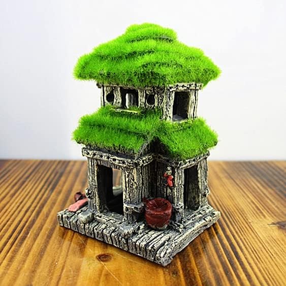Fish House - Aquarium Decoration with Lifelike Moss, Comes with 2x Artificial Plants