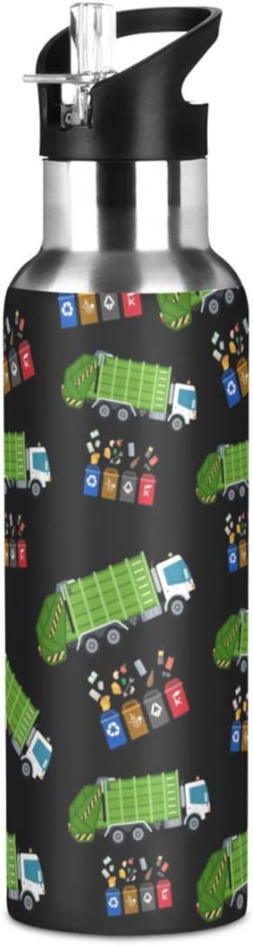 Garbage Truck Trash Recycling Water Bottle with Straw Lid Kids Insulated Stainless Steel Water Flask Sports, 20 Oz Hot Cold