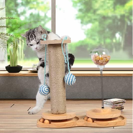 Marchul 4 in1 Interactive Cat Toy, Natural Sisal Cat Scratching Post with Hanging Balls, Cat Toys with Roller Track by Wooden, Kitten Food Feeder with Treat Ball for Indoor Kittens