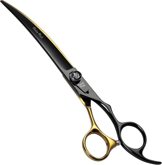 Fenice Peak 7'' Black Dog Grooming Scissors Goldern Curved Scissors with Ergonomic Offest Handle and Pattern Screw Pet Grooming Trimming Shears Durable and Sharp 440C