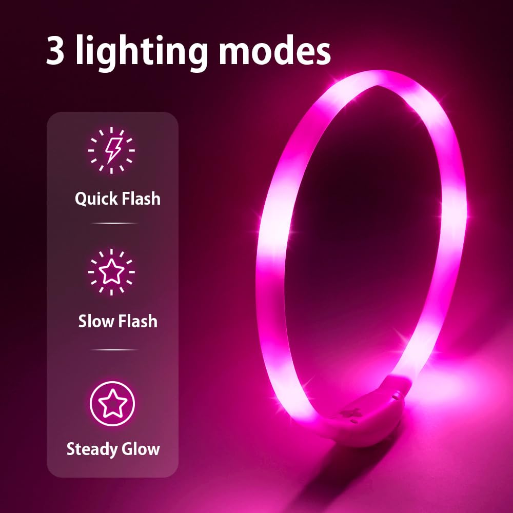 BSEEN Light Up Dog Collar, Silicone LED Dog Collar Rechargeable Glowing Puppy Collar Safety Dog Lights for Night Walking (Pink-XS 40cm)