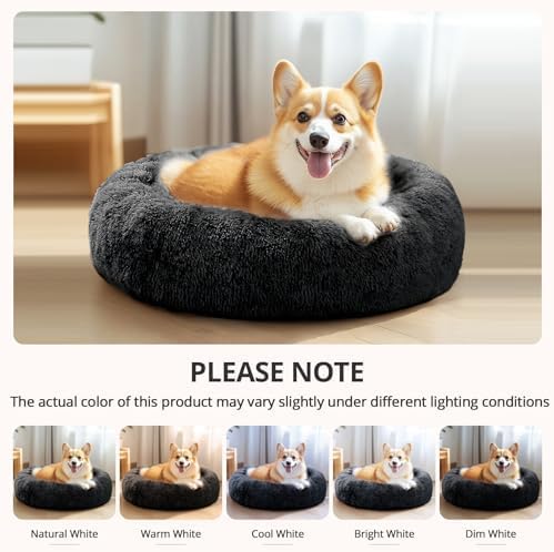 JOLLYVOGUE Calming Dog & Cat Bed for Large Dogs, Anti-Anxiety Donut Cuddler Cozy Soft Round Bed with Anti-Slip Bottom, Fluffy Faux Fur Plush Cushion Beds for Medium Dogs (36")