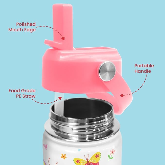 Kids Water Bottle with Straw Lid - 12 Oz Insulated Stainless Steel Water Bottles for Kid Girl- Travel Cup for School Sports