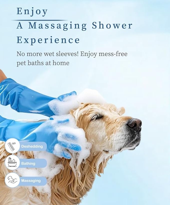 Dog Bathing Gloves - Long-Sleeved Silicone Gloves, High-Density Massage Column Design, Suitable for Bathing, Massaging and Combing Cats and Dogs at Home or in Pet Shops