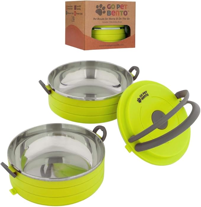 Healthy Human Travel Pet Bento Bowls - Human-Grade Stainless Steel & BPA-Free, Leak-Proof Water & Food Container Set for Dogs & Cats, 2-Pack Interlocking Bowls, Includes Spare Clips & Handle (Green)