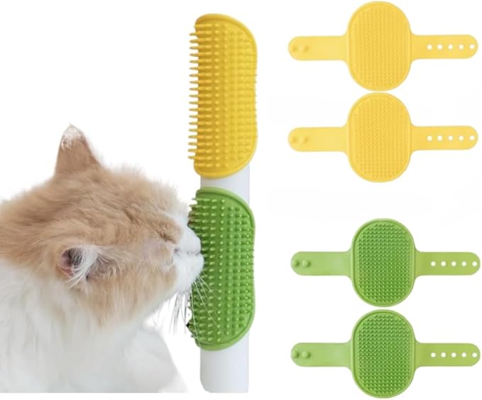4 Pieces Cat Self Groomer Cat Brushes Silicone Cat Combs for Indoor Cat Corner Cat Face Scratcher Adjustable Cat Massager (Green+Yellow)