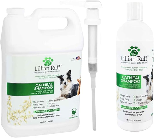 Lillian Ruff Calming Oatmeal Pet Shampoo for Dry Skin & Itch Relief with Aloe & Hydrating Essential Oils - Replenish Moisture & Deodorize -Gentle Dog Shampoo for Normal/Sensitive Skin (Gallon & Pump)