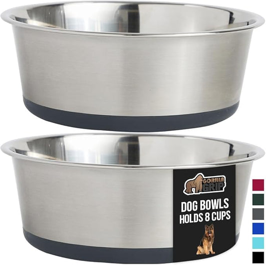 GORILLA GRIP Set of 2 Dog Bowls, Holds 8 Cups (64 fl oz), Heavy Duty Metal Food and Water Bowl for Feeding Dogs and Cats, Dishwasher Safe, Rust Resistant Stainless Steel, BPA Free Rubber Base, Gray