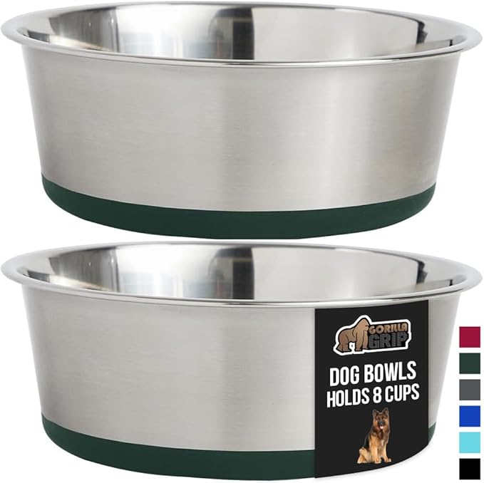 GORILLA GRIP Set of 2 Dog Bowls, Holds 8 Cups (64 fl oz), Heavy Duty Metal Food and Water Bowl for Feeding Dogs and Cats, Dishwasher Safe, Rust Resistant Stainless Steel, BPA Free Rubber Base, Green