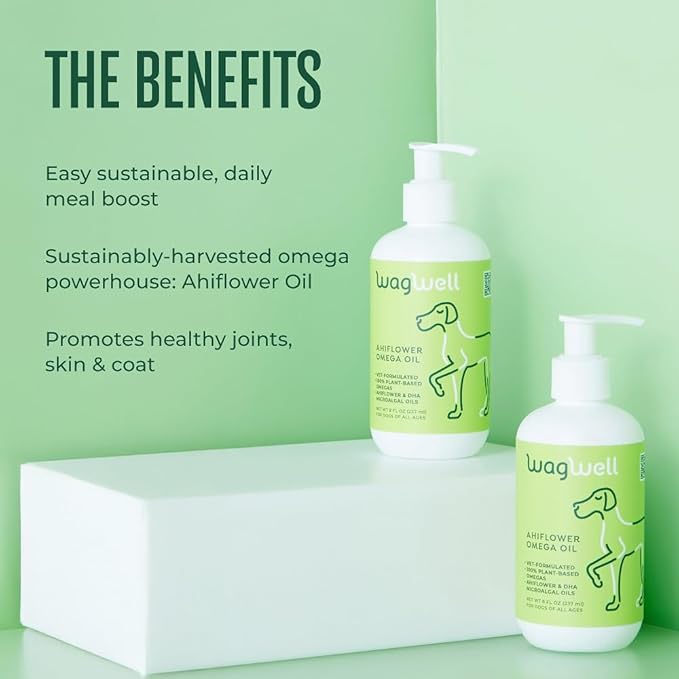 WagWell Ahiflower Omega Oil - Vet-Formulated Skin, Coat, Hip and Joint Supplement for Dogs - Plant-Based Omega 3, 6 and 9 Supplement - Natural Non-GMO Dog Omega Oil, 8 fl.oz. Pump Bottle