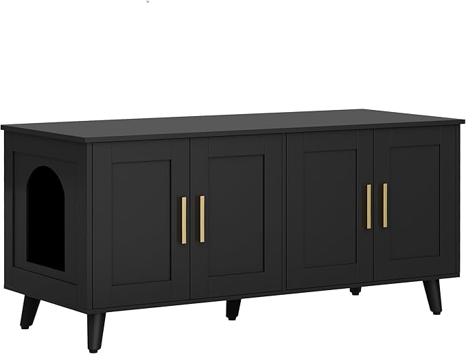 Homhedy Cat Litter Box Enclosure for 2 Cats, Wooden Cat Washroom Furniture with Double Doors, Stylish Pet House to Hide Litter Box, Save Space, Black