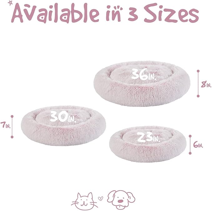 Friends Forever Donut Dog Bed Faux Fur Fluffy Calming Sofa For Medium Dogs, Soft & Plush Anti Anxiety Pet Couch For Dogs, Machine Washable Coco Pet Bed with Non-Slip Bottom, 30"x30"x7" Pink