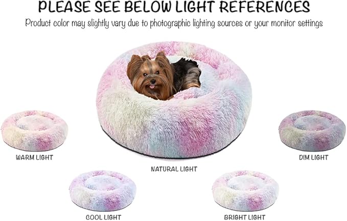 Friends Forever Donut Dog Bed Faux Fur Fluffy Calming Sofa For Small Dogs, Soft & Plush Anti Anxiety Pet Couch For Dogs, Machine Washable Coco Pet Bed with Non-Slip Bottom, 23"x23"x6" Rainbow