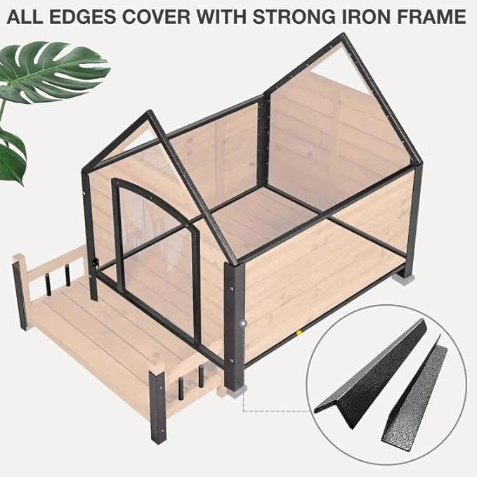 Large Dog House Outdoor Indoor All-Around Iron Frame Design Dog House with Porch＆Raised Feet for Small Medium Large Dogs（Brown）