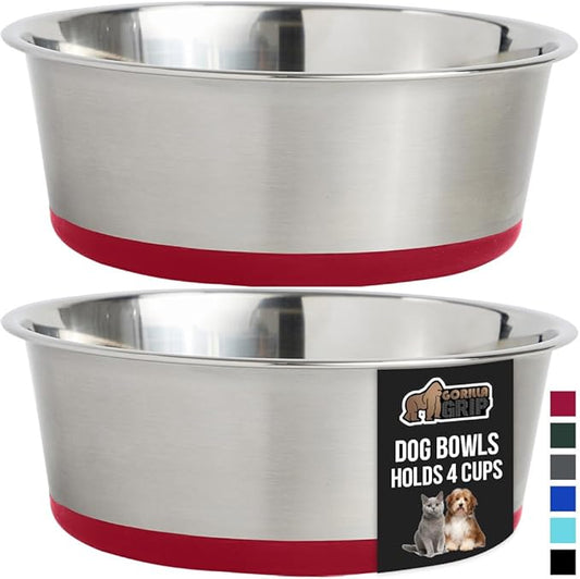 GORILLA GRIP Set of 2 Dog Bowls, Holds 4 Cups (32 fl oz), Heavy Duty Metal Food and Water Bowl for Feeding Dogs and Cats, Dishwasher Safe, Rust Resistant Stainless Steel, BPA Free Rubber Base, Red