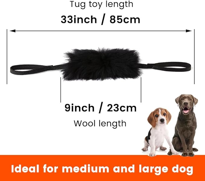 HOWGO Dog Bungee Chaser Toy Double Handles Natural Sheepskin Fur for All Breeds(Black,2Pack)