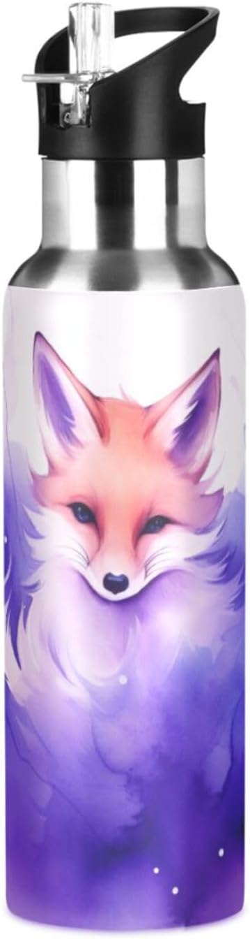 Fox Art Water Bottle with Straw Lid Kids Insulated Stainless Steel Water Flask Sports, 20 Oz Hot Cold
