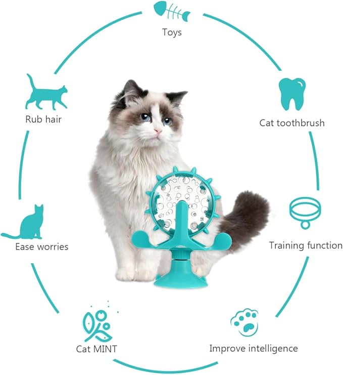 Interactive Pets Treats Dispenser Toy: 360 Degree Rotating Windmill Puzzle Toys for Small Cat & Dog Exercise - Window Ferris Wheel Feeder with Suction Cup for Puppies, Blue