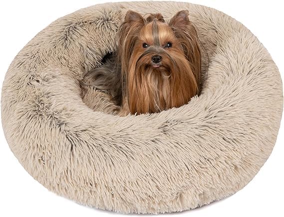 Friends Forever Donut Dog Bed Faux Fur Fluffy Calming Sofa For Medium Dogs, Soft & Plush Anti Anxiety Pet Couch For Dogs, Machine Washable Coco Pet Bed with Non-Slip Bottom, 30"x30"x7" Tan