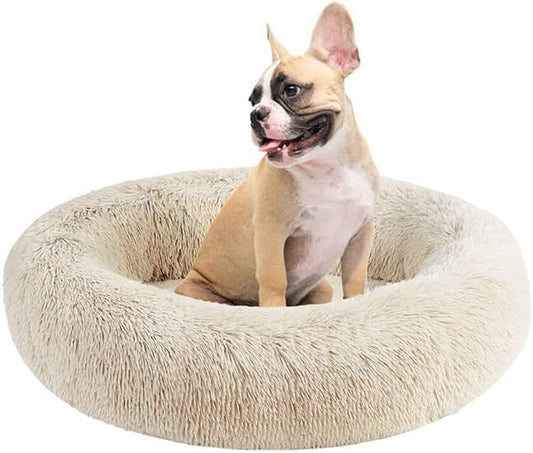 Friends Forever Serena Donut Memory Foam Orthopedic Dog Bed, Soft Faux Fur Oval Cat Couch For Indoor Pet, Fluffy Calming Plush Shag, Round Raised Bolster Cushion, Machine Washable Cuddler, Tan