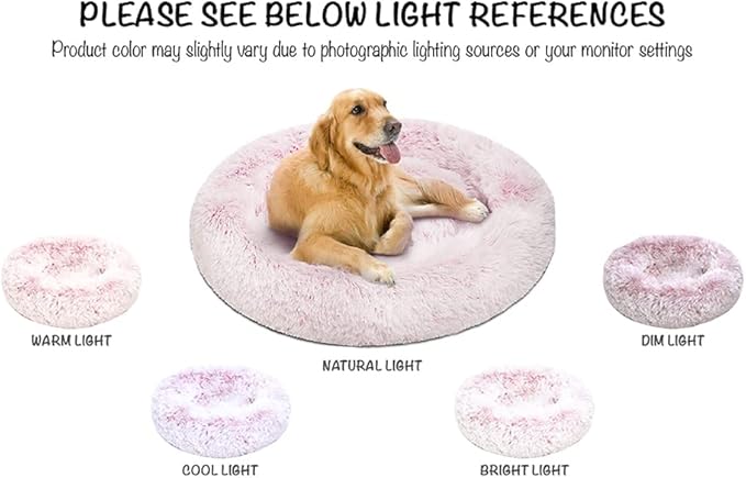 Friends Forever Donut Dog Bed Faux Fur Fluffy Calming Sofa For Medium Dogs, Soft & Plush Anti Anxiety Pet Couch For Dogs, Machine Washable Coco Pet Bed with Non-Slip Bottom, 30"x30"x7" Pink