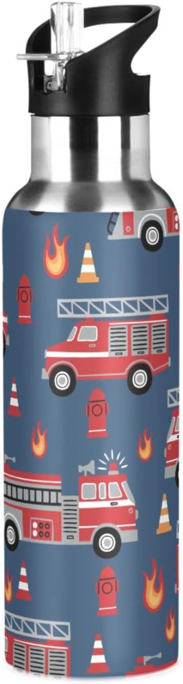 Fire Trucks Water Bottle with Straw Lid Kids Insulated Stainless Steel Water Flask Sports, 20 Oz Hot Cold