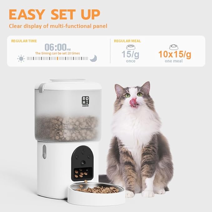 Romiromi Automatic Cat Feeder with Camera and Water Fountain 1080P HD Video 2.4G&5G WiFi Timed Auto Feeder with APP Control,Multiple Cats, Detachable for Easy Clean-White