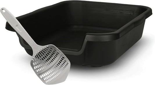 KittyGoHere Senior Cat Litter Box, Small Size, Black, Pet Safe Kitty Litter Box, Low 3" Entry, Lots More Room for Your Cats Comfort - Includes 1 Kitty Pan & 1 Curved Pet Scoop