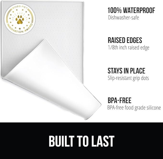 GORILLA GRIP 100% Waterproof Raised Edge BPA Free Silicone Pet Feeding Mat, Dog Cat Food Mats Contain Spills Protects Floors, Placemats for Cats and Dogs Water Bowl, Pets Accessories 28x18 White