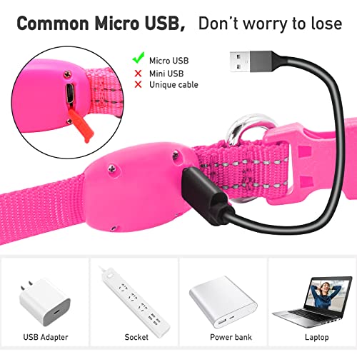 PZRLit Light Up Dog Collars for Small Medium Large Dogs, Adjustable LED Dog Collar, Rechargeable Soft Glow Collar for Dog Cat Night Walking, Pink