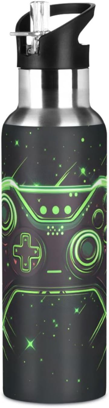 Joystick Gamepad Green Water Bottle with Straw Lid Kids Insulated Stainless Steel Water Flask Sports, 20 Oz Hot Cold