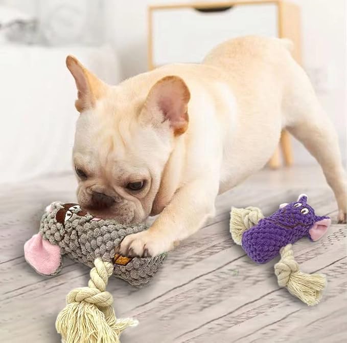 Cute Animal Squeak Dog Toys, No Stuffing Plush Toys, Durable Cotton Rope Chew Toys for Puppy and Small, Medium Dogs, 6 Pack
