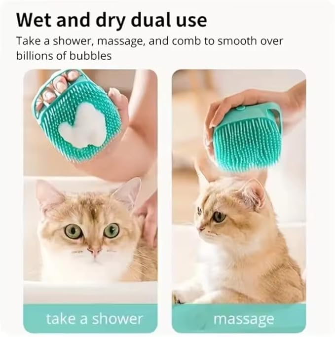 Pet Bath Massage Brush with Soap Dispenser, Soft Silicone Grooming Tool for Dogs Cats