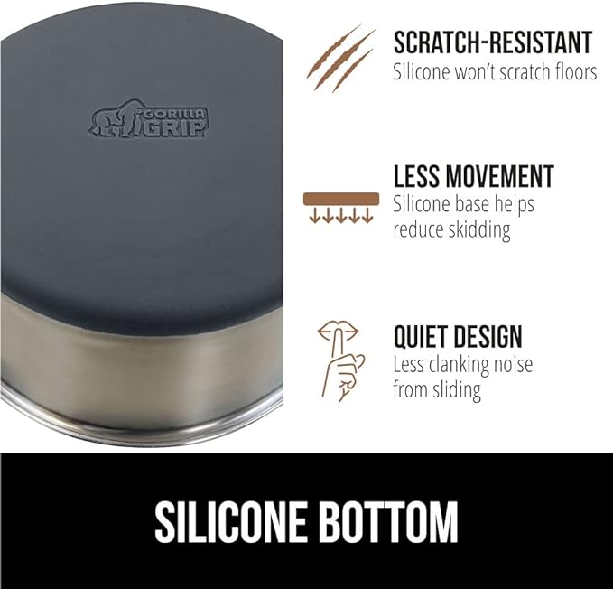 GORILLA GRIP Stainless Steel Metal Dog Bowl, Rubber Base, Heavy Duty Feeding Dish, Food Grade BPA Free, Less Sliding on Floors, Quiet Pet Bowl for Cats and Dogs, Holds 2 Cups (16 fl oz), Gray