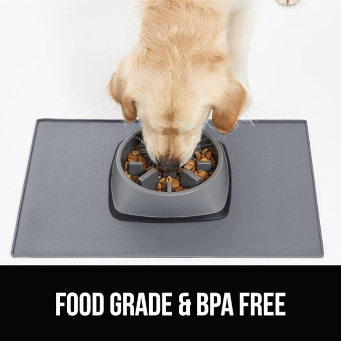 GORILLA GRIP 100% Waterproof Raised Edge BPA Free Silicone Pet Feeding Mat, Dog Cat Food Mats Contain Spills Protects Floors, Placemats for Cats and Dogs Water Bowl, Pets Accessories 28x18 Gray