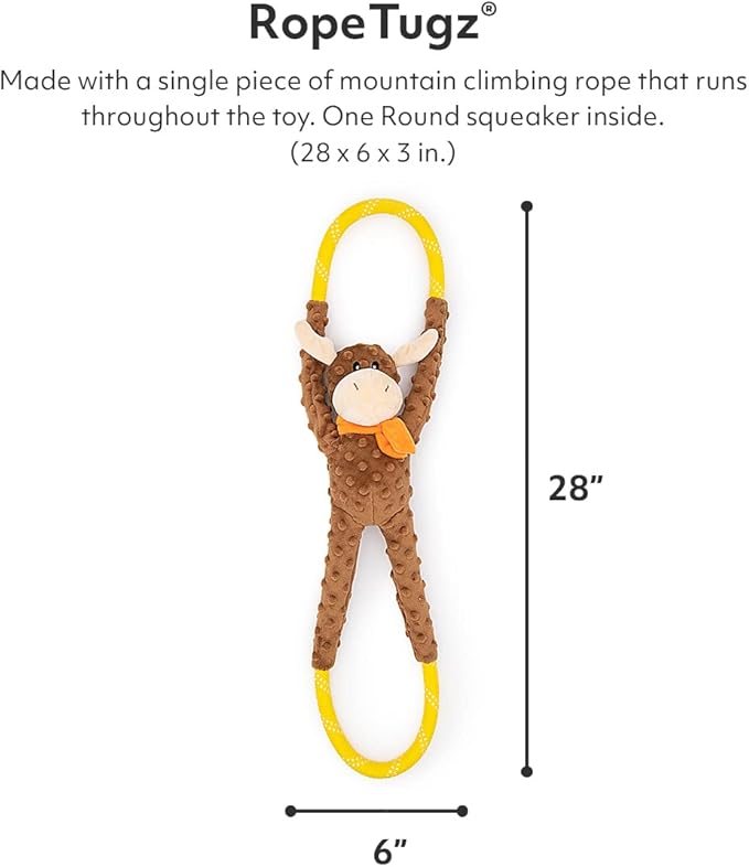 ZippyPaws RopeTugz - Durable Dog Pull Rope Toy, Interactive Tug of War for Large, Medium, & Small Dogs, Squeaky Pet Products to Keep Them Busy, Made with Heavy Duty Climbing Rope - Moose