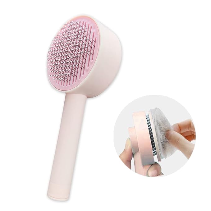 Self-Cleaning Grooming Brush with Release Button - Deshedding Tool for Pets: Cats, Dogs, Rabbits - Removes Loose Undercoat, Mats, and Tangles, Pink