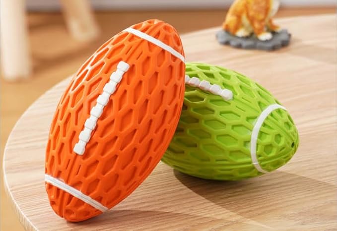 AUSCAT 2PCS Squeaky Dog Football Toy for Aggressive Chewers, Tough Rubber Dog Ball for Medium Large Dogs, Green and Orange, Large, 5.5"