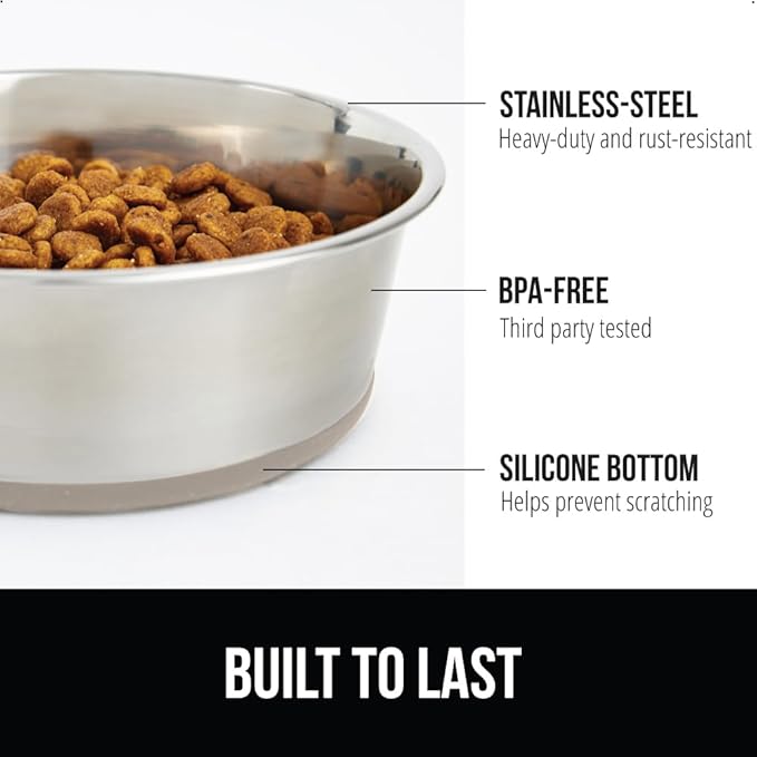 GORILLA GRIP Set of 2 Dog Bowls, Holds 8 Cups (64 fl oz), Heavy Duty Metal Food and Water Bowl for Feeding Dogs and Cats, Dishwasher Safe, Rust Resistant Stainless Steel, BPA Free Rubber Base, Beige