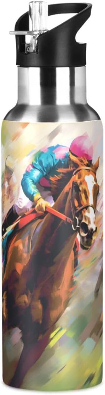 Horse Racing Water Bottle with Straw Lid Kids Insulated Stainless Steel Water Flask Sports, 20 Oz Hot Cold