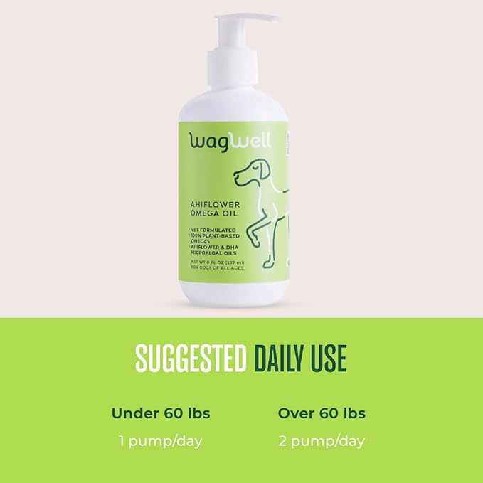 WagWell Ahiflower Omega Oil - Vet-Formulated Skin, Coat, Hip and Joint Supplement for Dogs - Plant-Based Omega 3, 6 and 9 Supplement - Natural Non-GMO Dog Omega Oil, 8 fl.oz. Pump Bottle