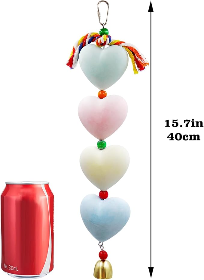 Mineral Chew Toy, Heart Shape Colorful Beaded Bird Toys with Bells | Beak Grinding & Foraging Enrichment for African Grey, Amazon Parrots, Budgies, Cockatiels, Conures
