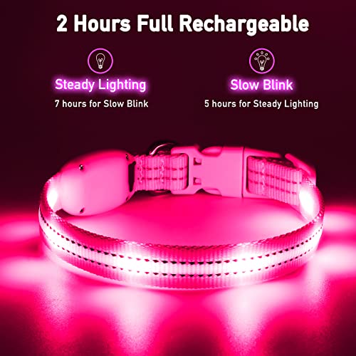 PZRLit Light Up Dog Collars for Small Medium Large Dogs, Adjustable LED Dog Collar, Rechargeable Soft Glow Collar for Dog Cat Night Walking, Pink